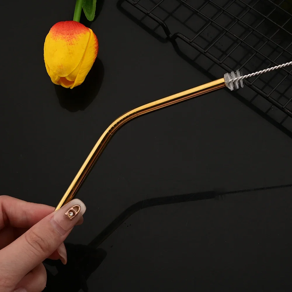 Silver Reusable Stainless Steel Drinking Straws Set with Cleaning Brush