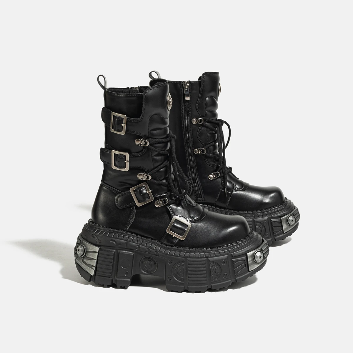 Women Metal Platform Middle Tube 2024 New Dark Punk Increased Lace-up Female Zipper Girl Motorcycle Boots