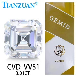 3CT Asscher Cut Lab Grown Diamond CVD H Color VVS1 2EX  Loose Gemstone Bead with GEMID Certified