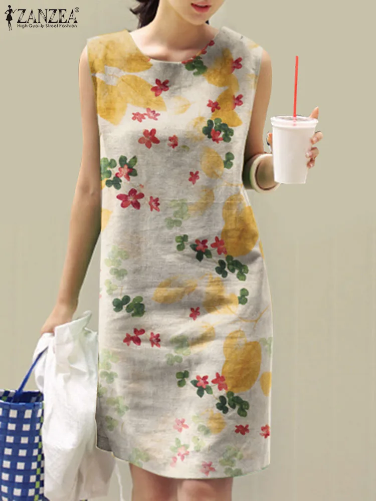 

ZANZEA 2023 Summer Printed Dress Women Bohemian Sundress Knee Length Robe Beach Sleeveless O Neck Dresses Vacation Vestidos