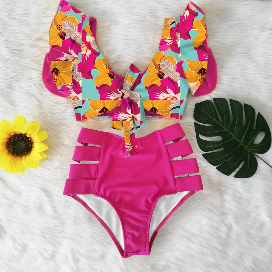 Sexy Shoulder Ruffle Swimwear Women Swimsuit High Waist Bikini Set Bowknot Push Up Bathing Suit Beachwear Biquini Female