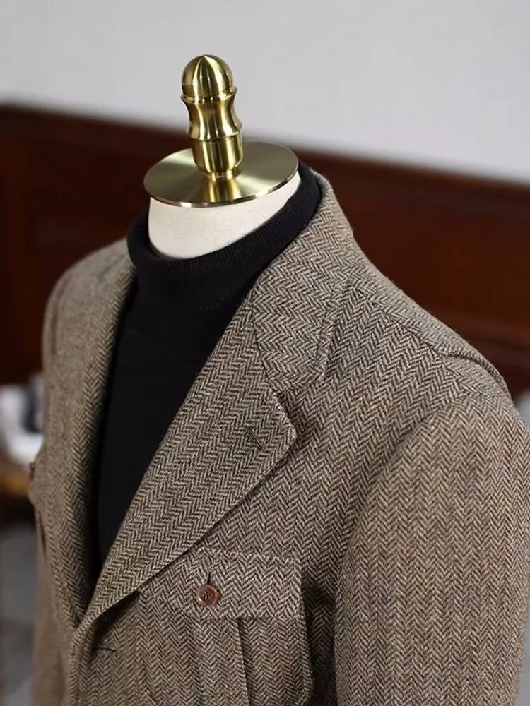 Business Men Multi Pockets Single Breasted Slim Fit Woolen Blends Jacket Office Work Autumn Outerwear Suit Coat Plus Size 5XL
