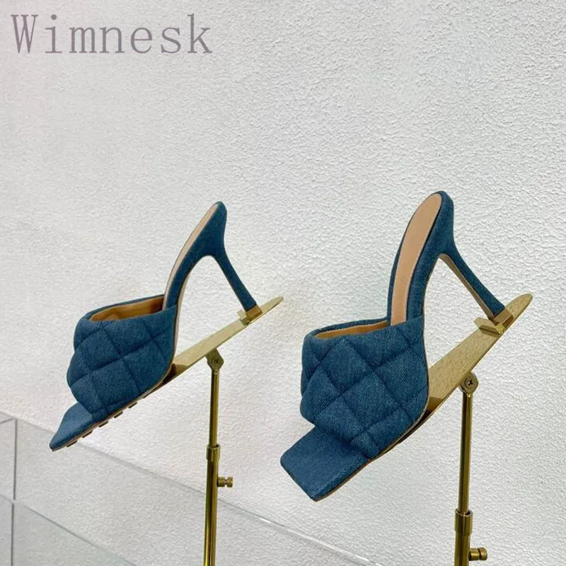 

Summer New Square Toe Deep Blue Denim Slipper Woman Fashion High Heel Sexy Slip on Concise Elegant Party Dress Shoes Women 2023