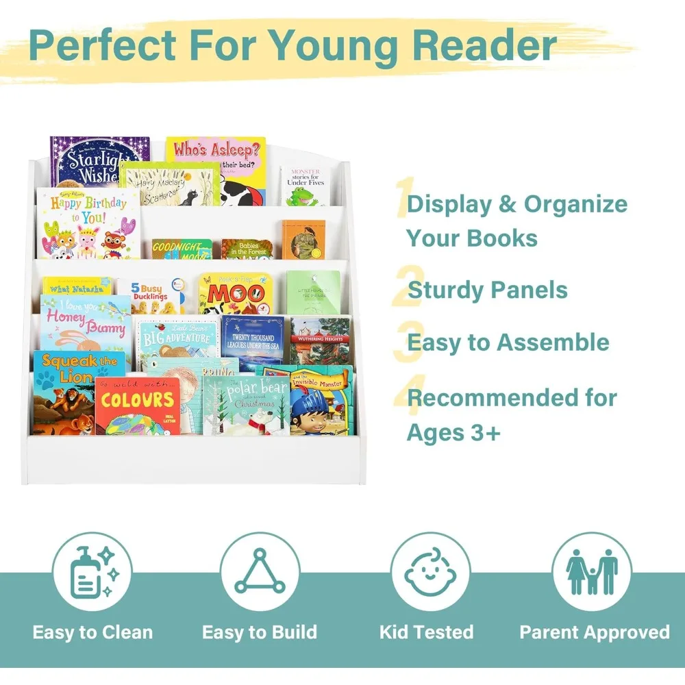 5-Tier Kids Bookshelf - Wooden Children Book Rack for Playrooms, Nursery, and Classrooms (White)