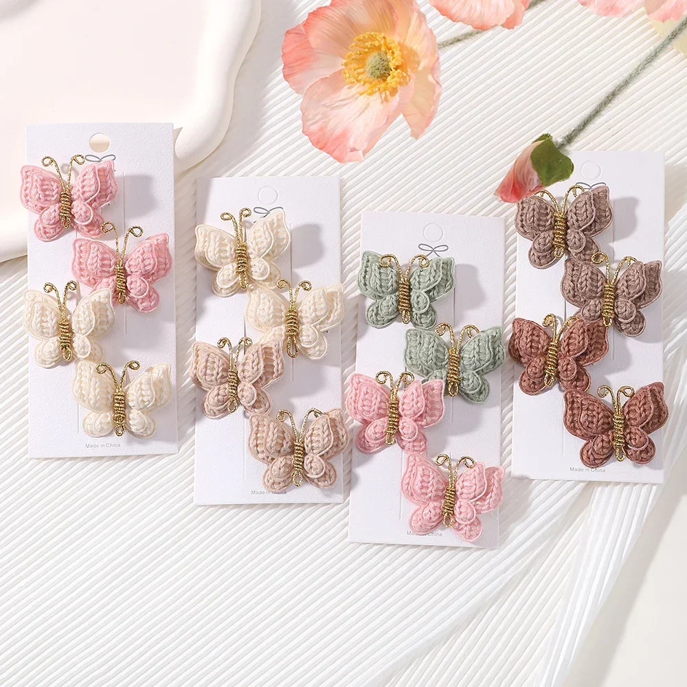 2/4pcs/set New Cute Baby Girls Wool Knitting Headwear Handmade Crochet Butterfly Alloy Hairs Clips Children PU Hairpin Wholesale 3