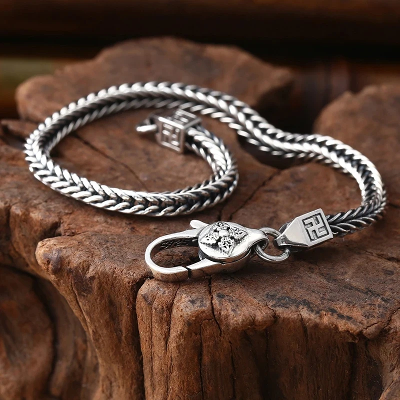 

S925 Sterling Silver Bracelet Retro Craft Thai Silver Cross-Border Jewelry Wholesale Fox Tail Chain Chopin Chain Silver Bracelet