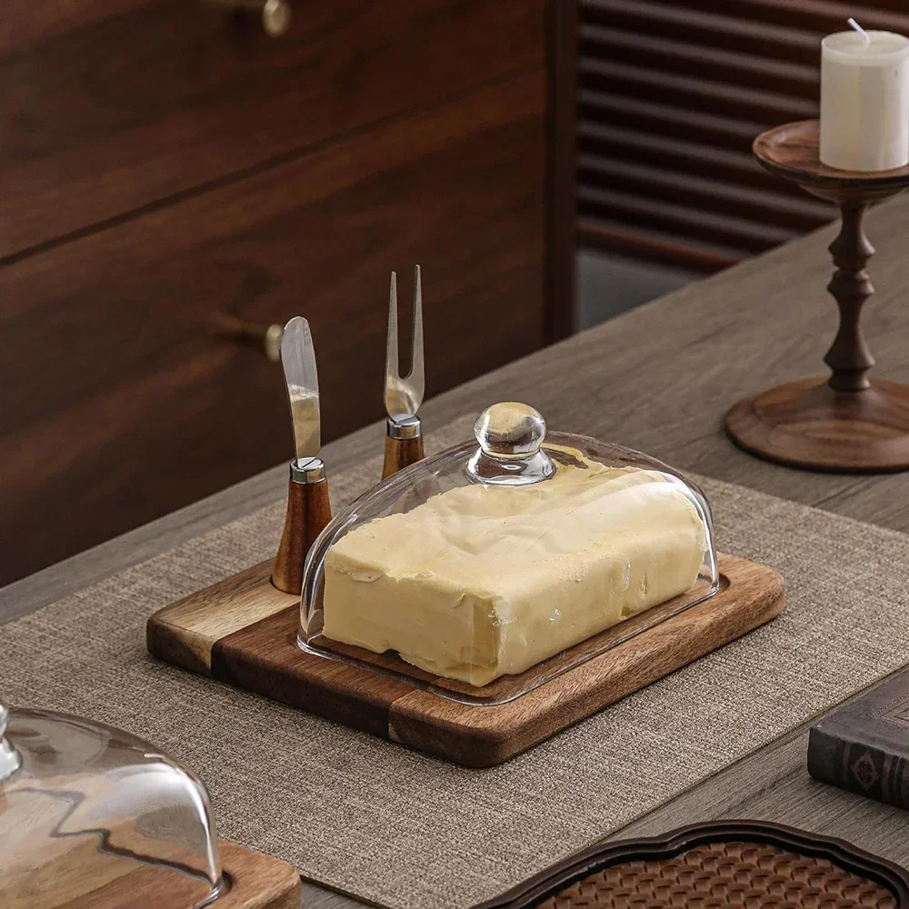 Retro Wooden Butter Box with Knife and Fork Clear Glass Lid Storage Boxs Cheese Butter Cheesecake Dessert Plate Storage Tray