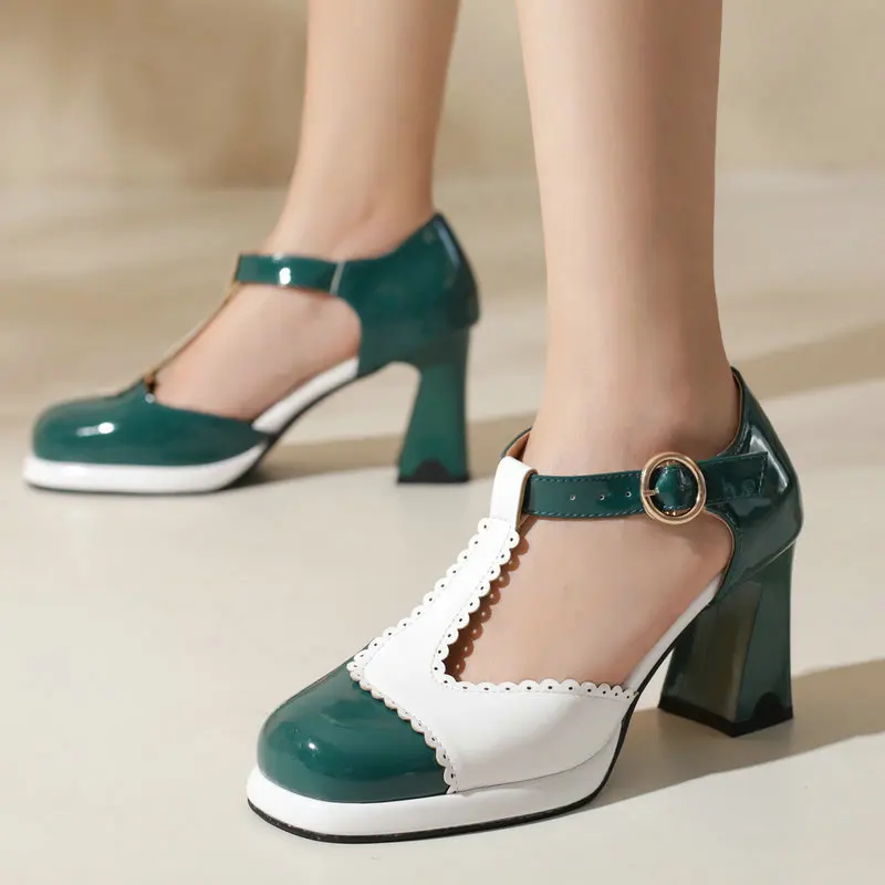

PU Patent Leather Big Size 43 Contrast Color Brogue Design T-strap Mature Ladies Office Pumps Platform Mary Janes Sandals Heels