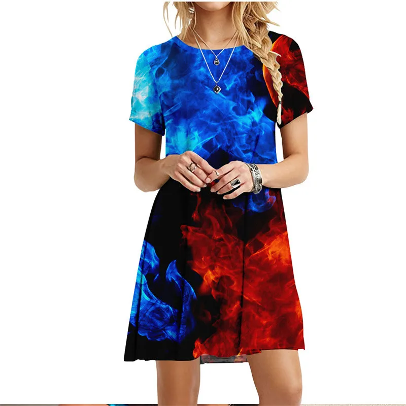 New 2022 Women Dresses 3D Flame Cloud Eruption Dress Summer Casual Short Sleeve Loose Plus Size Dress Fashion Print Clothing 6XL