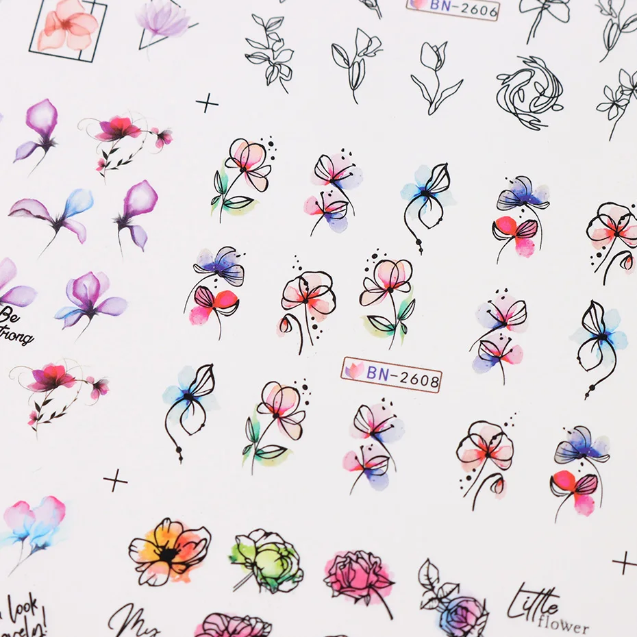 12 PCs Nail Sticker Set Spring Summer Water Decal Nail Art Ink Flowers Leaves Graffiti Slider for Nail Decoration Foils Tattoo 6