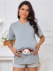 Hello Month & Cartoon Character Print Maternity T-Shirt, Round Neck Short Sleeve Pregnant Women's Top For Pregnancy Announcement 2