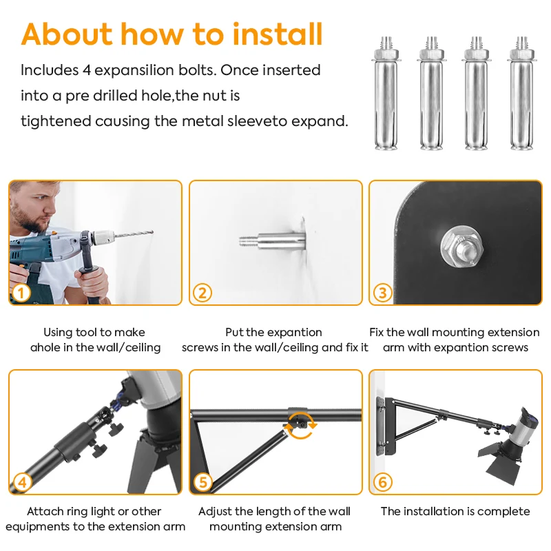 2 Pack Ceiling Wall Mount Bracket Boom Arm 1/4" 3/8" Thread Overhead Ring Light Stand for Photography Photo Studio Projectors