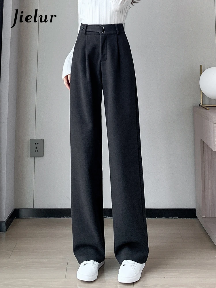 Jielur Winter Thick Loose Casual Female Wide Leg Pants Pure Color Chic Buttons Straight Slim Fashion Women Pants Black Apricot