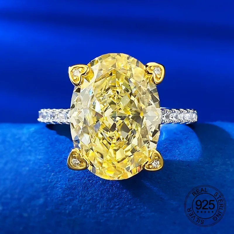 

Big 10x14mm Oval Shape Yellow Citrine Color Radiant Cut High Carbon Diamond 925 Sterling Silver Mirco Clear Zircon Ring