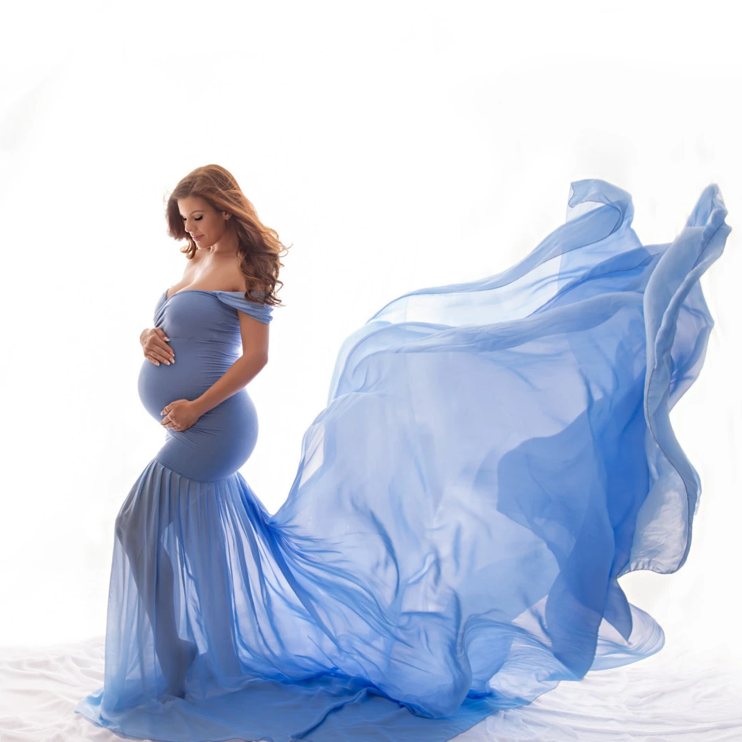 

Women Chiffon Pregnancy Dress Photography Props Tulle Maternity Dress for Photo Shoot Off Shoulder Clothes Pregnant Maxi Dress