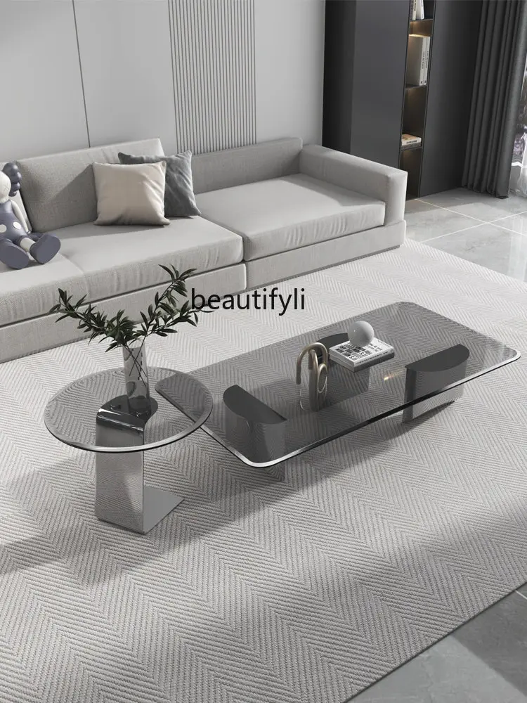 

zq Modern Small Apartment Rectangular Coffee Table Living Room Home round Steel Glass Stainless Steel Size Combination