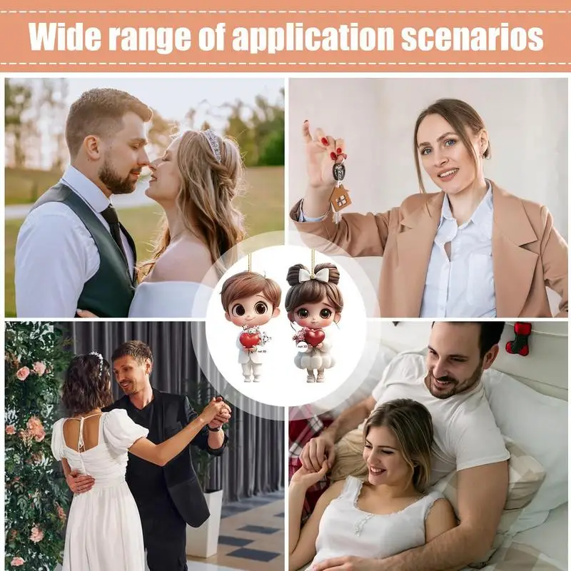 2pcs Cute Cartoon Acrylic Couples Car Decoration Accessories Romantic Figurines 2D Flat Marriage Keepsake Keychain Pendant 2