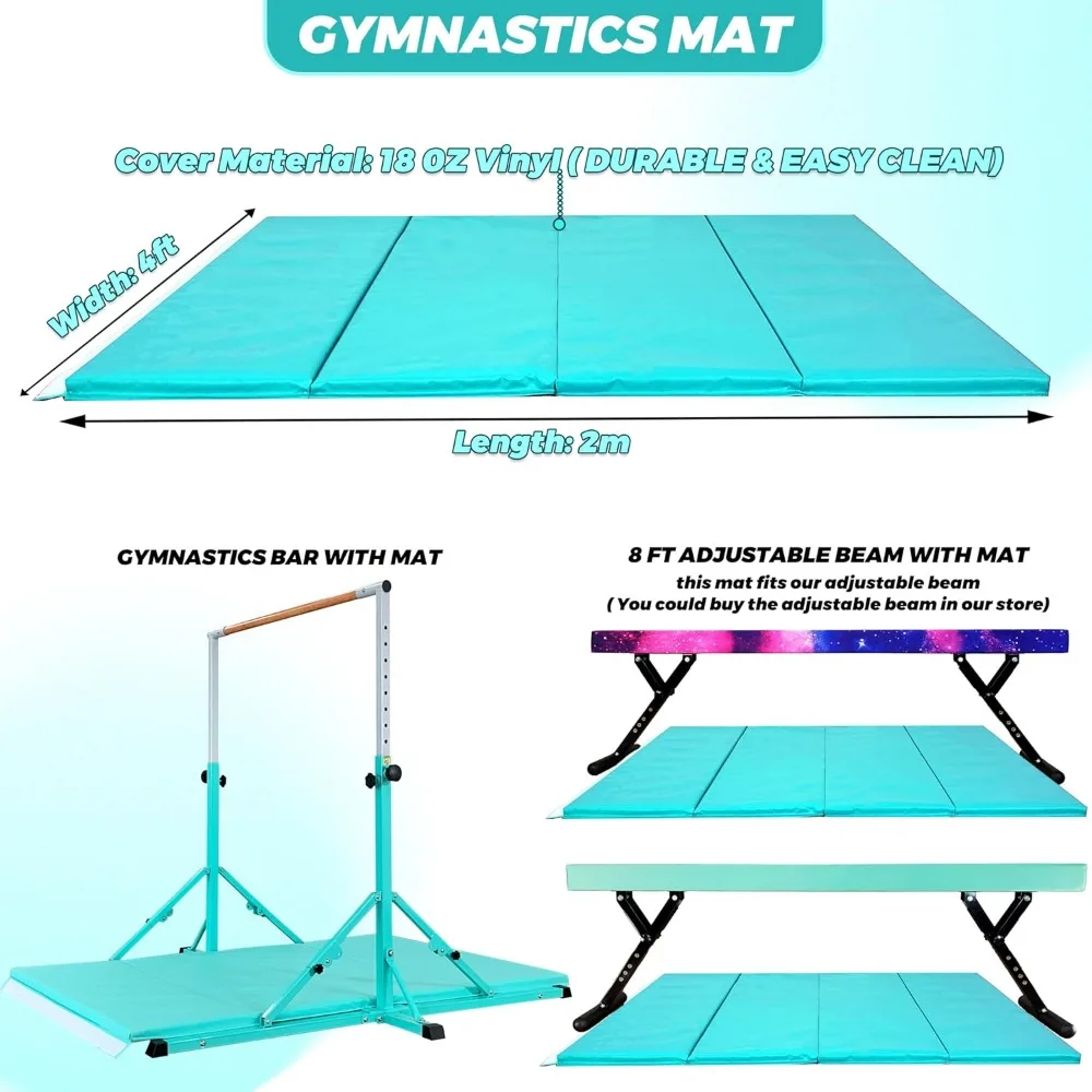 Gymnastic pole for children and teens ages 3-25, 5ft/6ft body length, 5ft/6ft height, Teal (Bar with Mat-6Ft Base)
