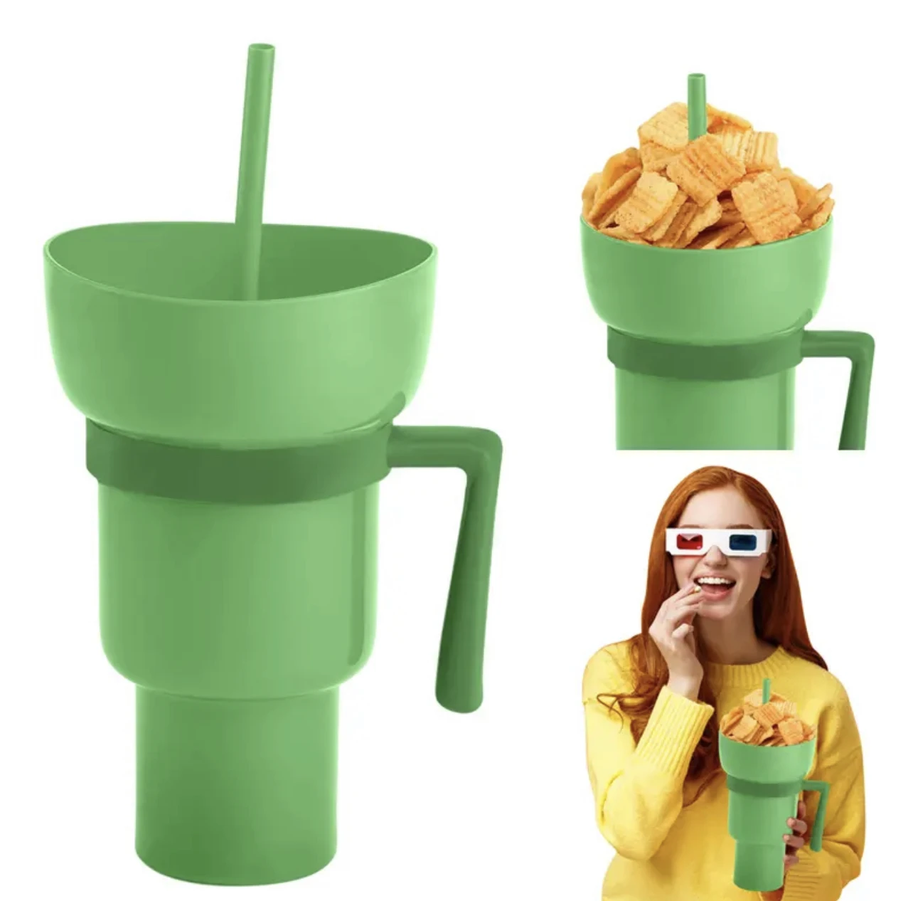 Innovative Dual-Function Popcorn Snack and Beverage Cup with Handle