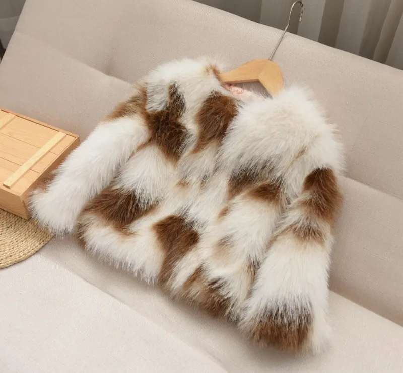 Winter Patchwork Fur Coat for Girls Short Round Neck - Uniqwear