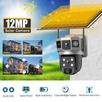 12MP Dual Lens Solar IP Camera Three Screen 4G 6K Security Outdoor WiFi Webcam PIR Night Vision Waterproof Home Surveillance Cam 1