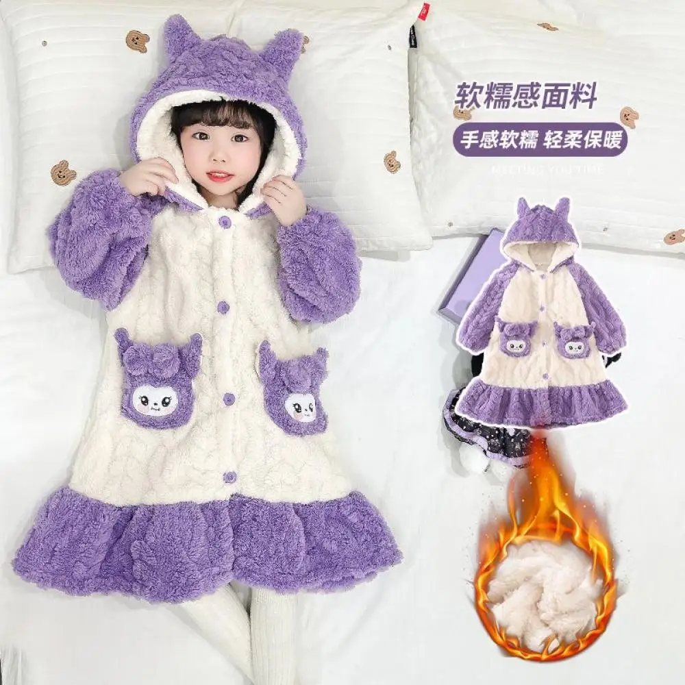 Sanrio Girls Kuromi Nightgown Child Flannel Bathrobe Kawaii Cartoon Pajamas Leisure Plush Lounge Clothes Children's Clothing