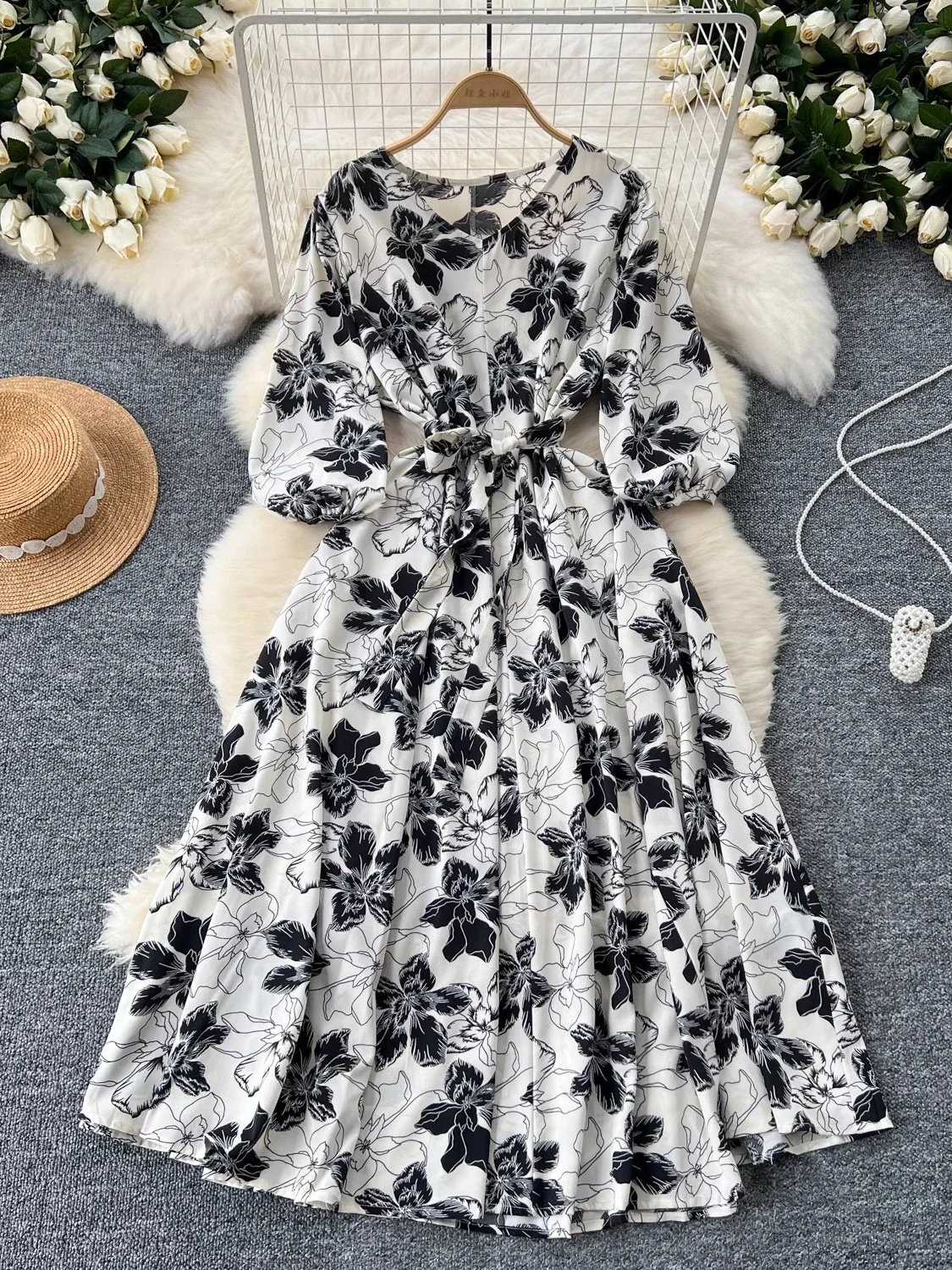 Summer Vintage Women Orange/Red/Green Floral Long Dress Elegant V