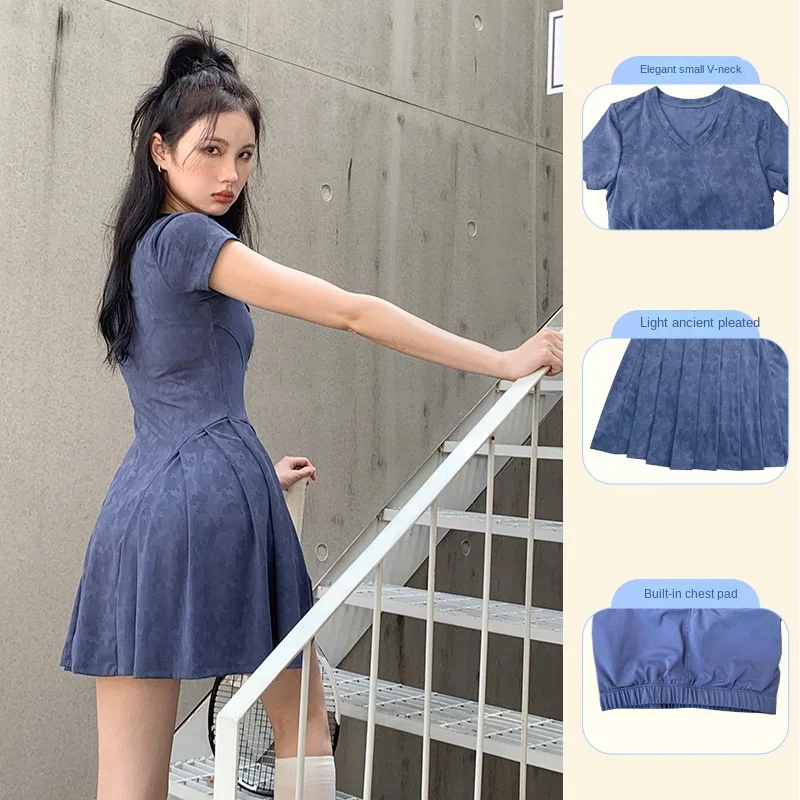 Tennis Dress Women Sport Dresses Tennis Skirt Short-sleeved Badminton Dress Women's Skirt Jacquard Camouflage Sports Suit