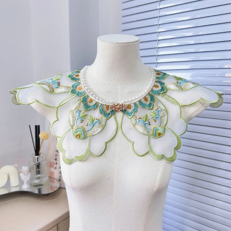 

Аксессуар для костюма Hanfu, Маленькая шаль, накидка в китайском стиле, винтажная вышивка, Цветочный зубчатый шейный зеленый имитационный воротник