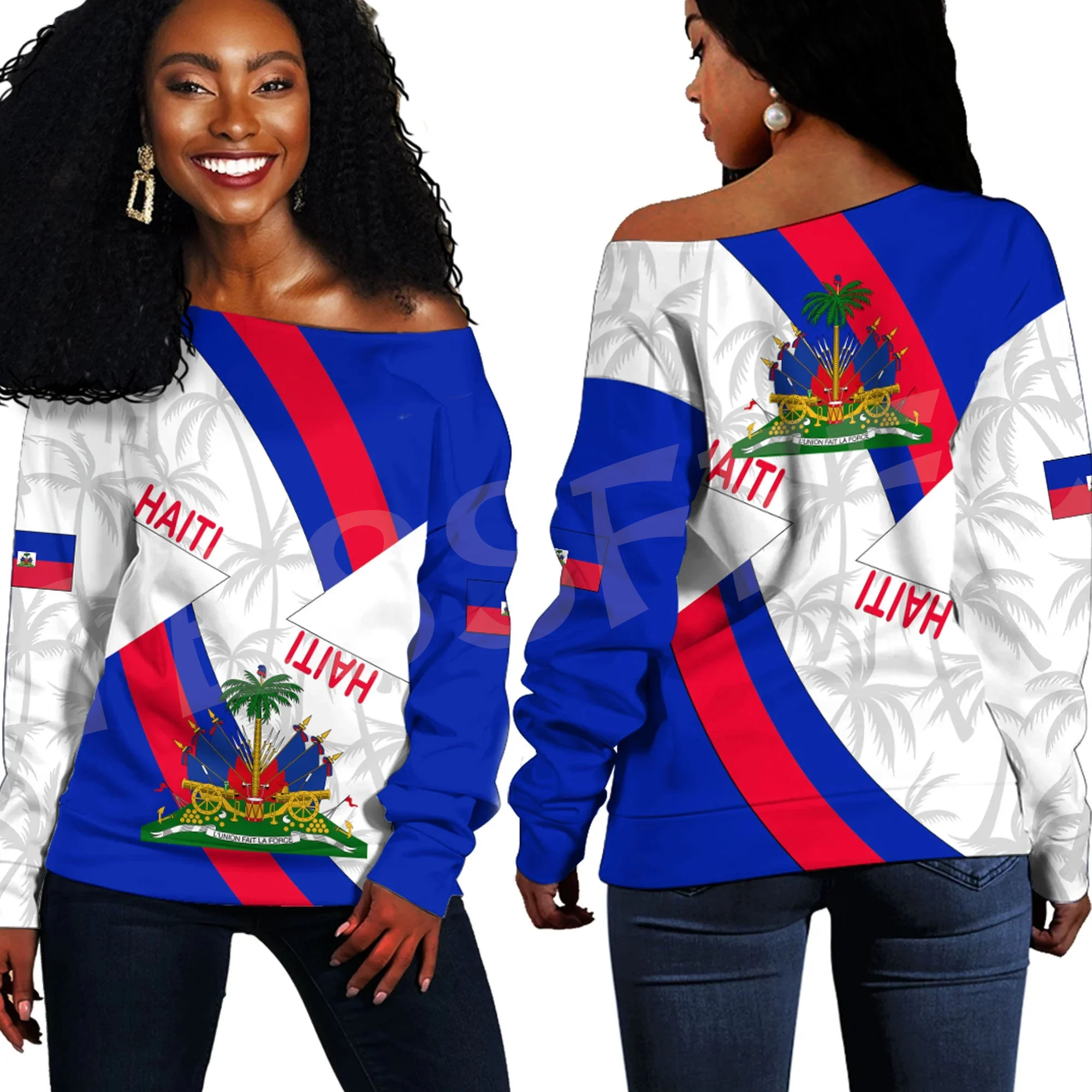 Custom Name Country Flag Caribbean Sea Haiti Retro Vintage Tattoo 3DPrint Women Casual Off Shoulder Sweatshirts Long Sleeves X6