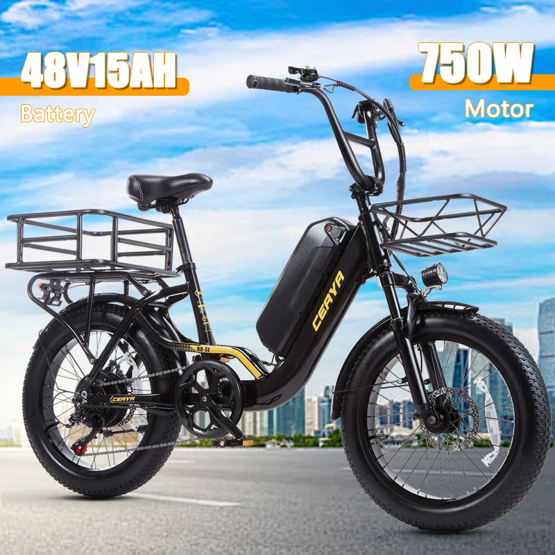 YDD-R8SE 750W Motor 48V15AH Removable Battery 7 Speed Electric Bike 20 * 3 Fat Tires 7 speed ebike Adult City Commuter Bicycle