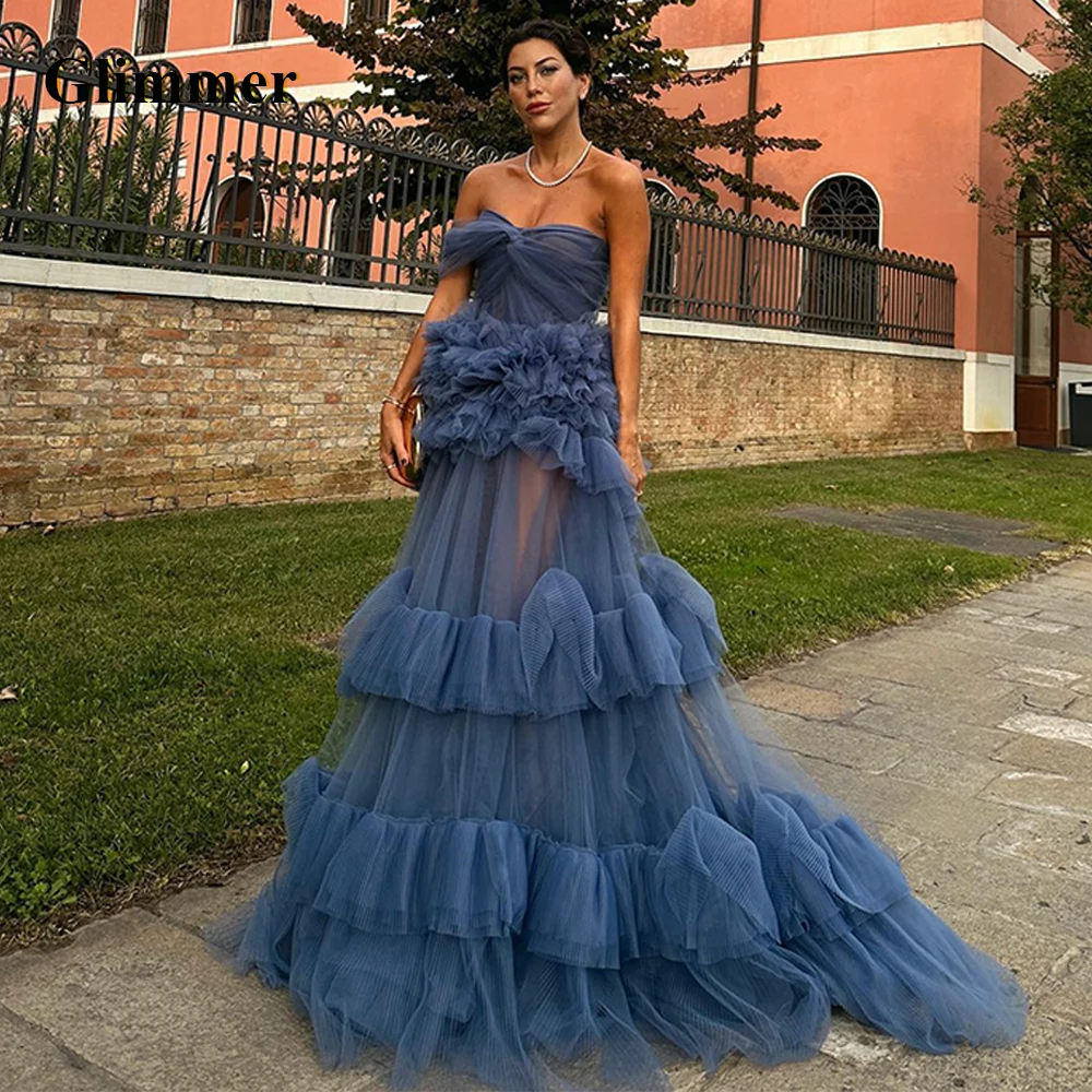 

Glimmer Stylish Strapless Evening Dresses A Line Layered Dress Tulle Pleat Backless Sleeveless Vestidos De Festa Customised