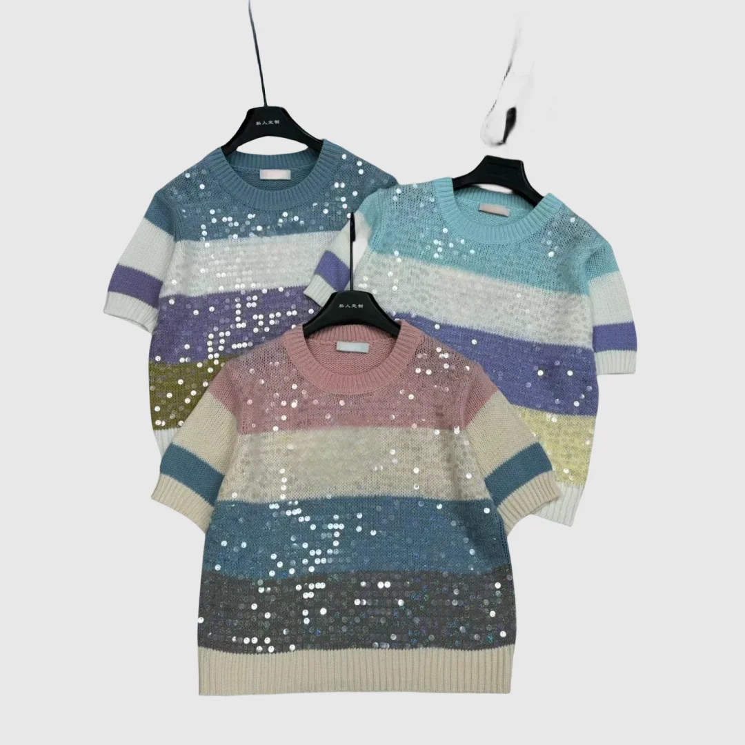 

High Quality 2024 Early Spring Knitted Sweater Short Sleeved Heavy-Duty Embroidered Bead Piece Craft Macaron Color Sweater