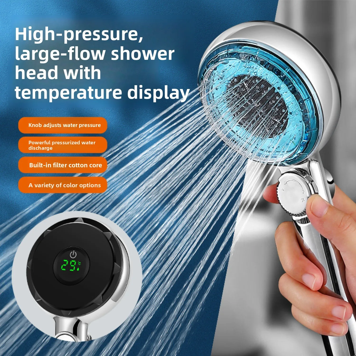 ชุดฝักบัวพร้อมจอแสดงอุณหภูมิอัจฉริยะ ระบบควบคุมอุณหภูมิในห้องน้ำ เพิ่มแรงดันน้ำ ดิจิตอล หยุดน้ำได้ คุณภาพสูง 1