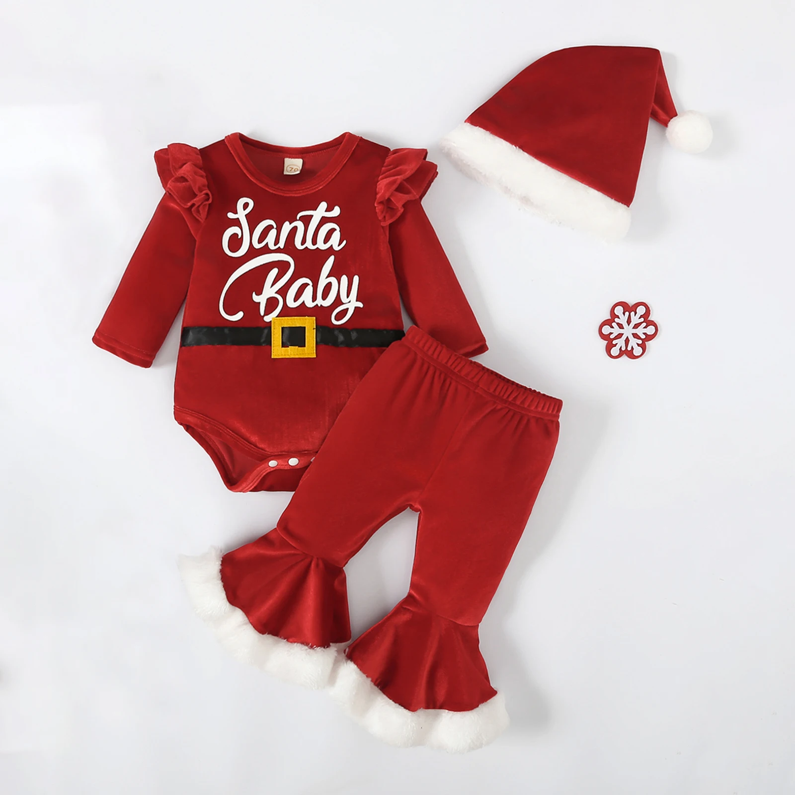 

Newborn Baby Girls Chrismtas Clothes Sets Red Velvet Ruffles Long Sleeve Bodysuits+Fur Flare Pants+Hats Toddler Xmas Clothing