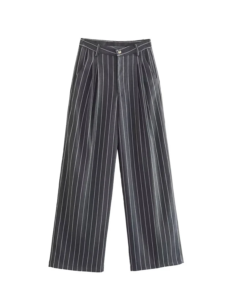 TRAF GAL 2023 Autumn Fashion Striped Print Women Blazer Suits Long Sleeve Loose Jacket Coat Female Vintage Wide Pants Sets