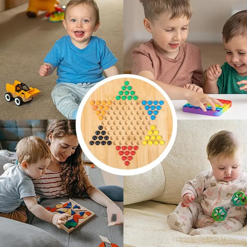 Wooden Checkers Board Game Glass Beads Chinese Wood Hexagonal Checkers Plate Glass Marble Board Games For Friends Famil