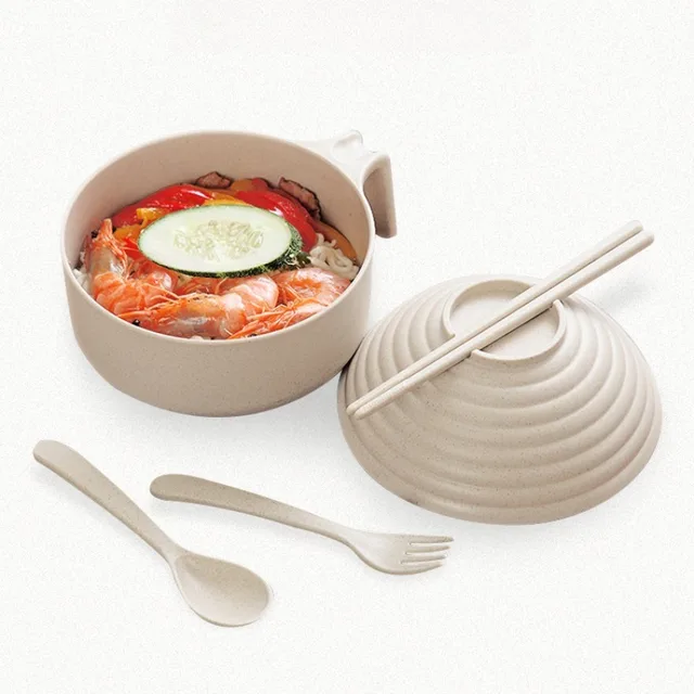 Ensemble de bols Ramen en paille de blé écologique, dortoir d'étudiant, bol à nouilles instantanées au micro-ondes, vaisselle de maison avec poignée de couvercle, bols à salade 6