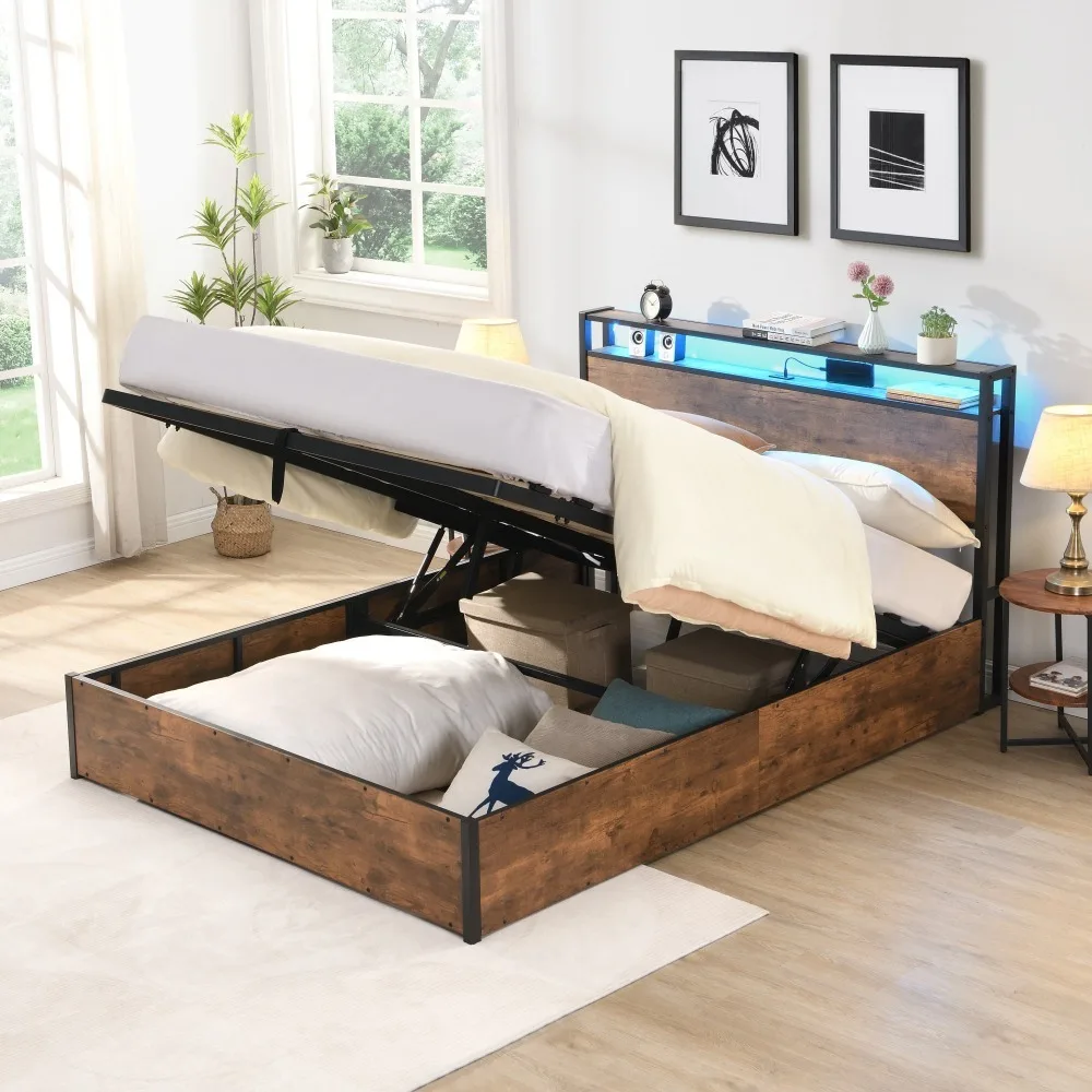 Full Size Lift Up Storage Bed Frame,Full Bed Frame with Bookcase Headboard & LED Lights, Wooden Platform with Charging Station 2