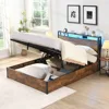Full Size Lift Up Storage Bed Frame,Full Bed Frame with Bookcase Headboard & LED Lights, Wooden Platform with Charging Station 2