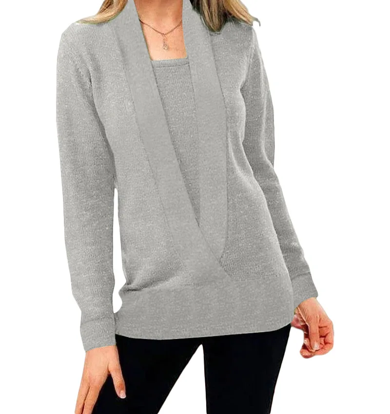 2024 new knitted pure color deep V-neck long-sleeved fake two-piece sweater women's jacket 3