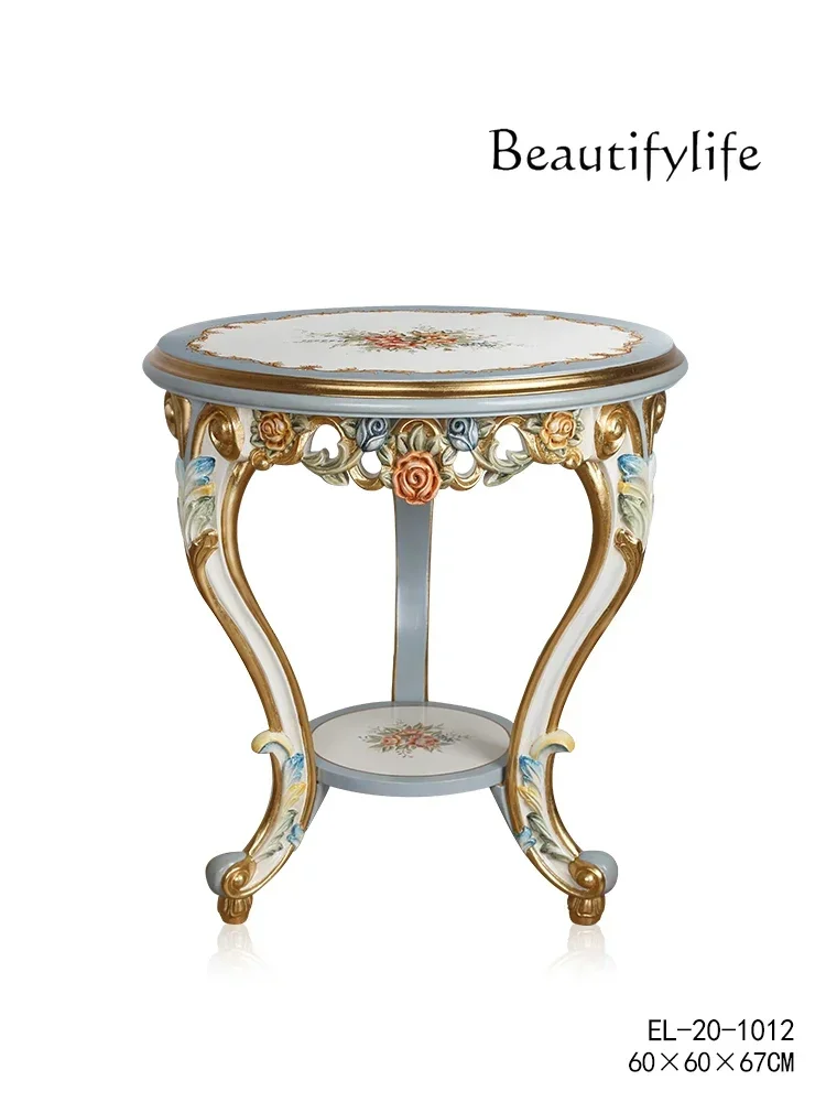 

European Style French Style Solid Wood Luxury Hand-Painted Flower Gilding Blue Mini Corner Table Villa Living Room Side Table