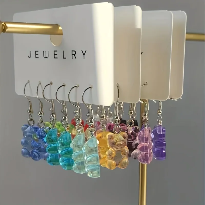 Candy Bear Charm Drop Earrings Colorful Resin Transparent Bear Ear Jewelry Gift For Kids Children Girls Accessories 3 Pairs dangle earrings drop earrings animal earrings