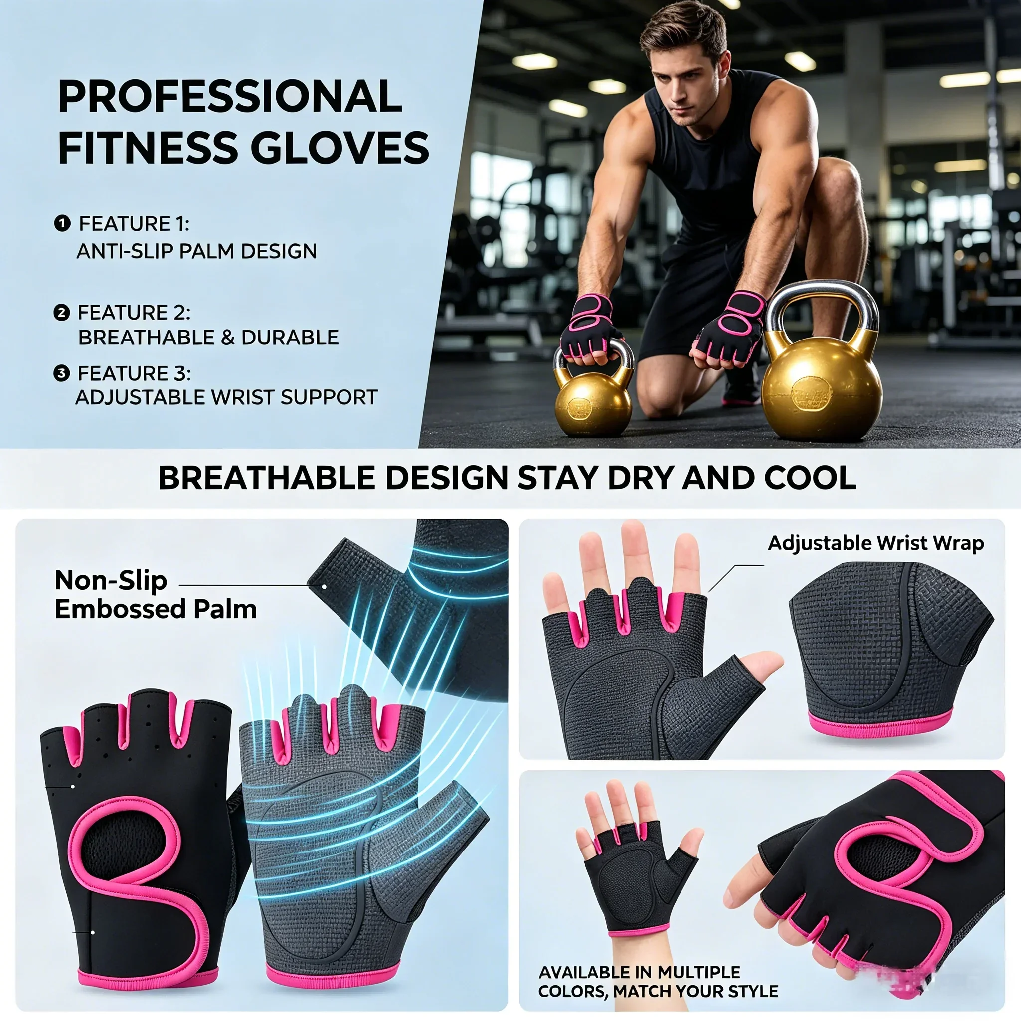 Enhanced Grip Workout Gloves with Breathable Fabric and Wrist Support