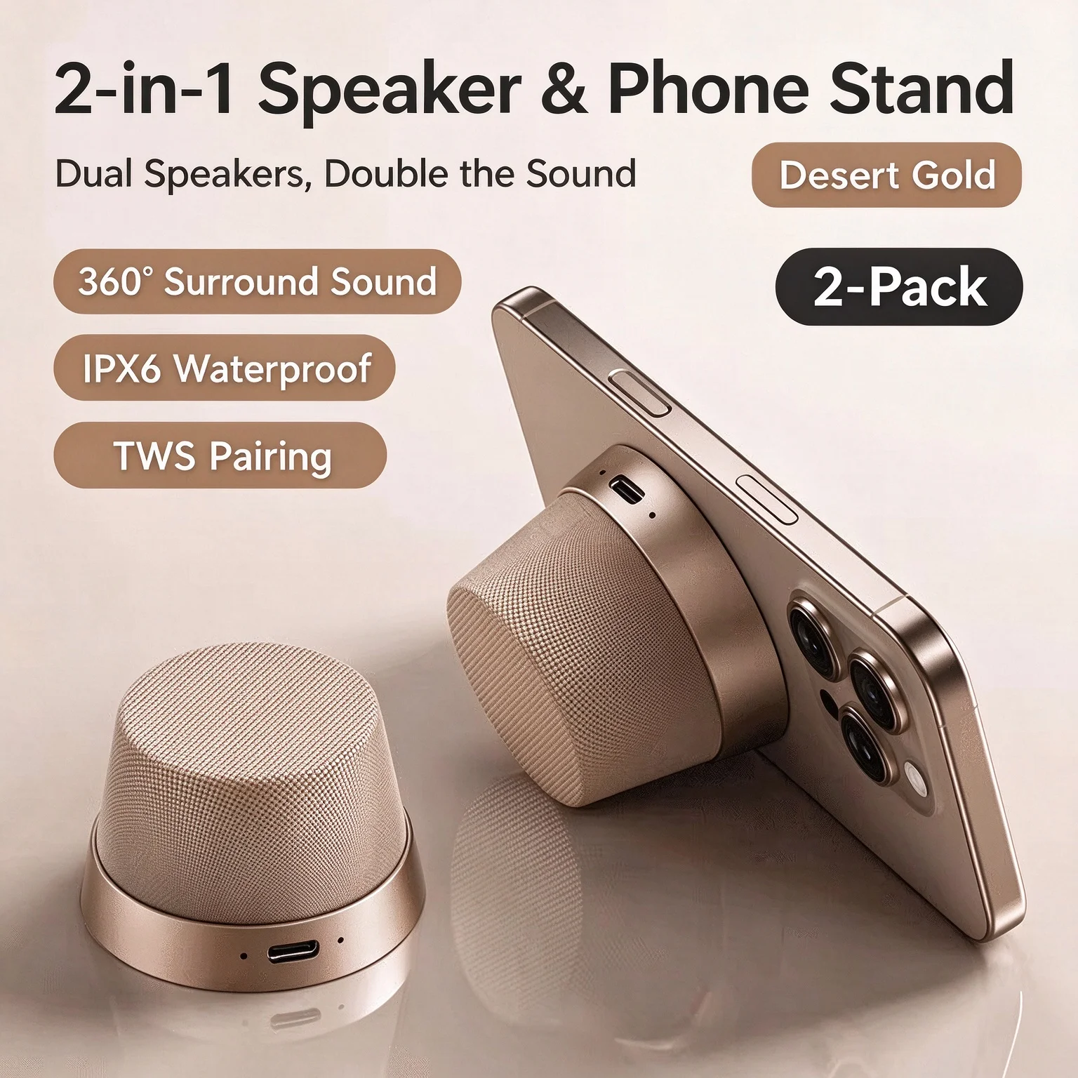 Compact Magnetic Bluetooth Speaker with Phone Stand, 360° Surround Sound, Waterproof, TWS Pairing, Portable