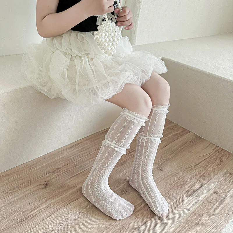 2-8T 여름 어린이 무릎 높이 양말 귀여운 레이스 꽃 소녀 튜브 양말 5 색 다목적 환기 어린이 양말