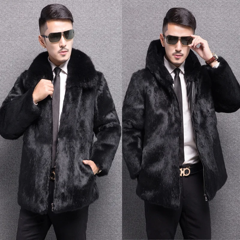 Luxury Brand Black Fur Jacket Men Autumn Winter Faux Fur Coat Long Sleeve Windbreak Thickened Warm Leather Jacket Hooded New