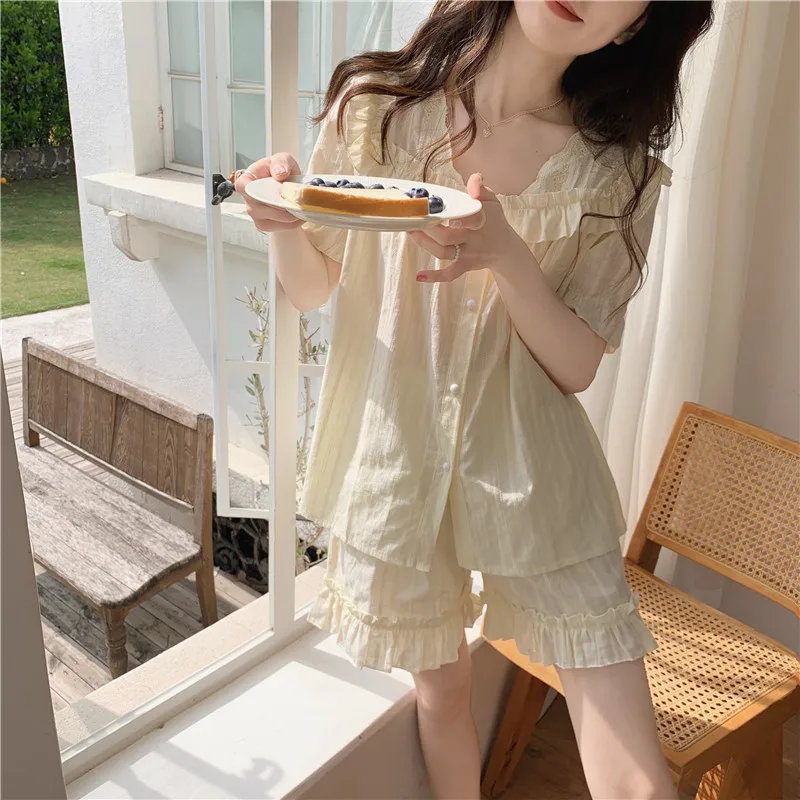 

Summer Sleepwear Homo Clothes Pure Cotton Embroidery Tops Shorts Nightwear Out Wear Women Pajama Set D303