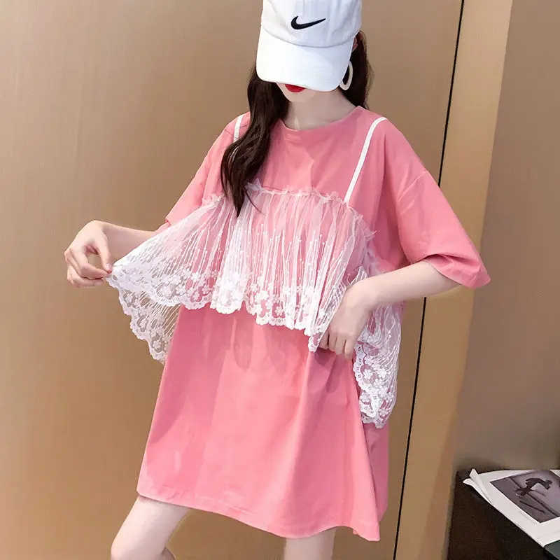 

DAYIFUN Cotton T-shirts Summer Lace Splice Fake Two Pieces Medium Length Tshirts Women Half Sleeve Fashion Tops Women's Clothes