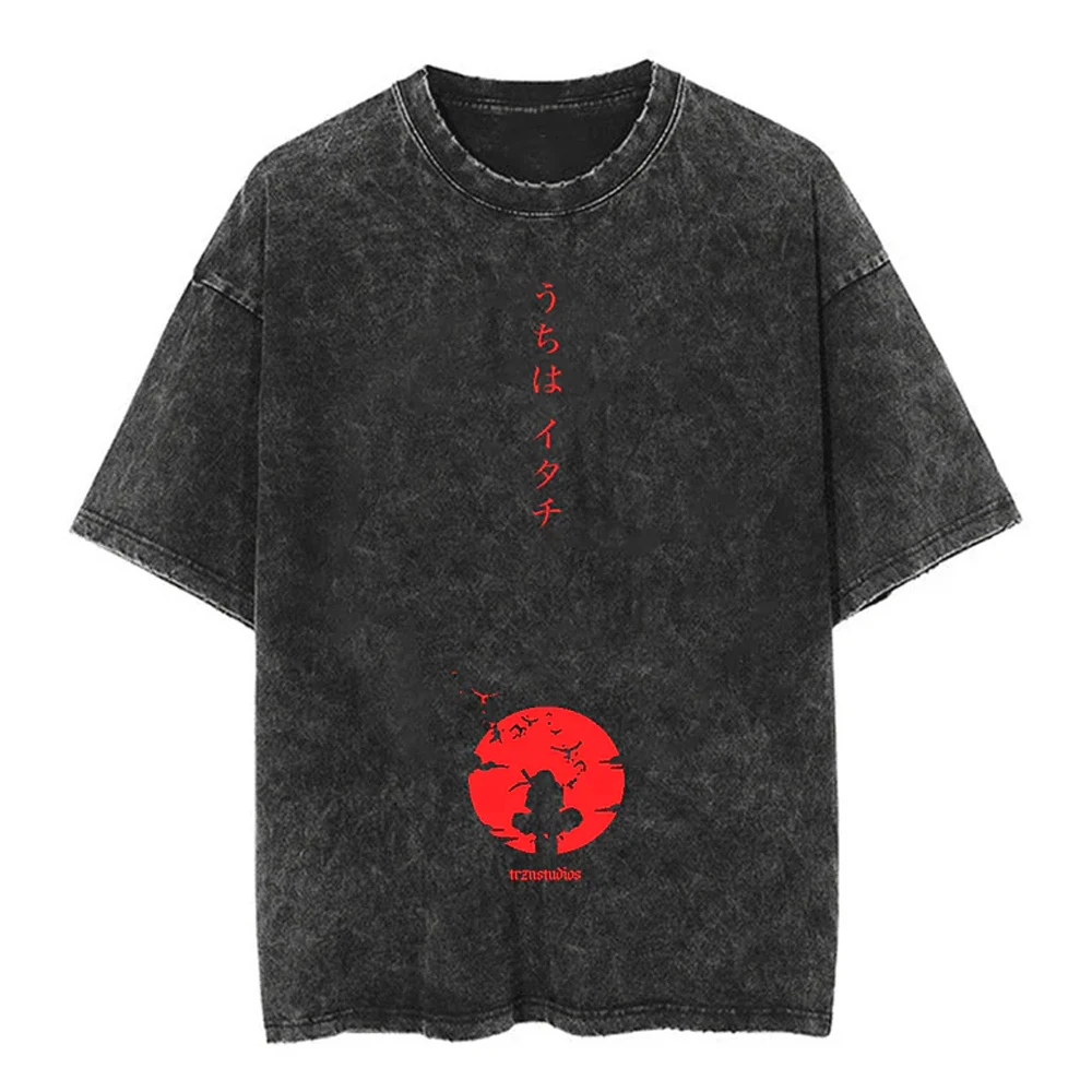 

Men Streetwear Tshirt Retro Washed Black Anime Naruto Graphic T-Shirt Cotton T Shirt Summer Hip Hop Tops Tees Vintage T Shirts
